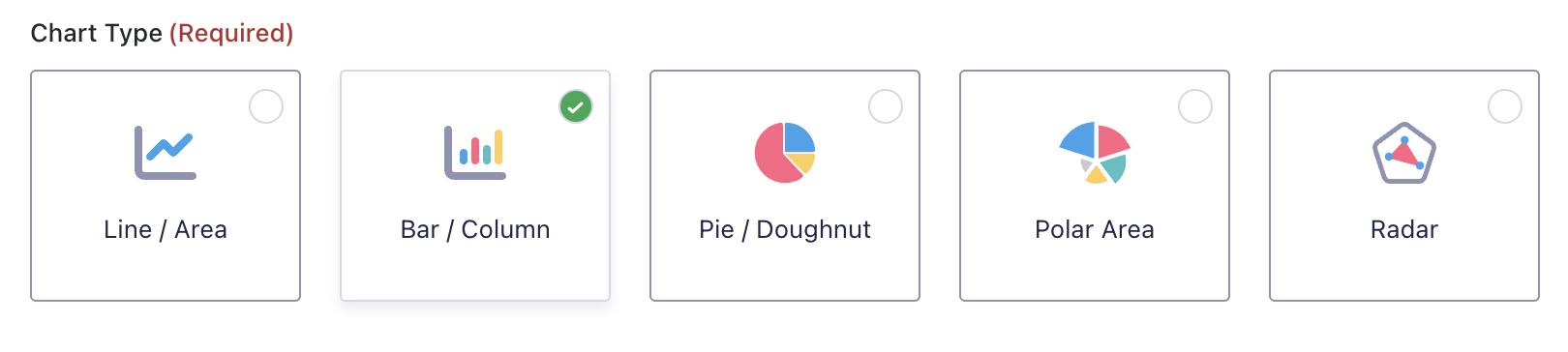 Chart type selection: options are Line/Area, Bar/Column (selected), Pie/Doughnut, Polar Area, Radar