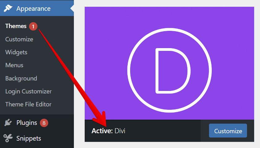 WordPress dashboard with Divi theme active in Appearance section