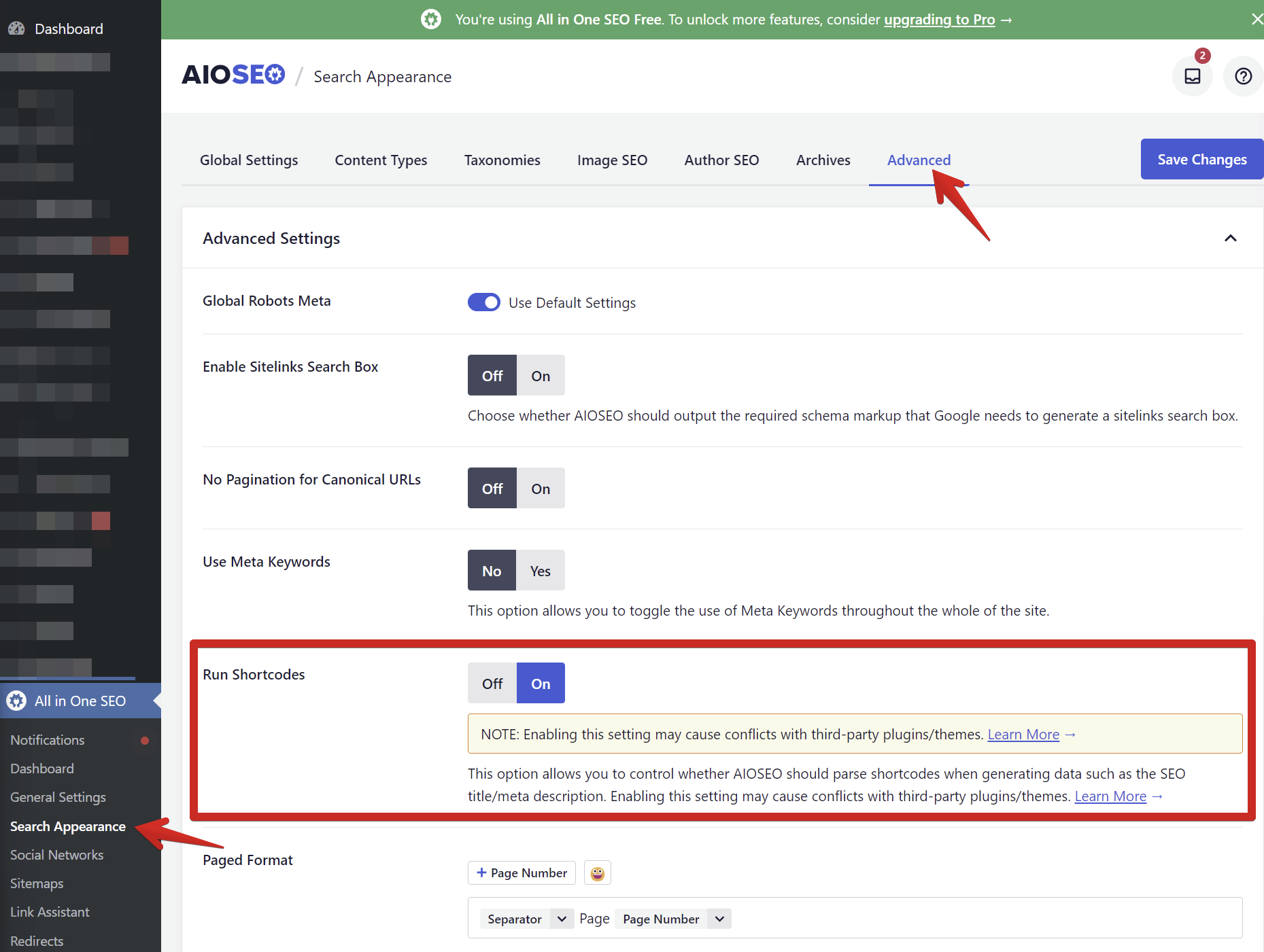 All in One SEO advanced settings page highlighting the "Run Shortcodes" option warning of potential plugin conflicts