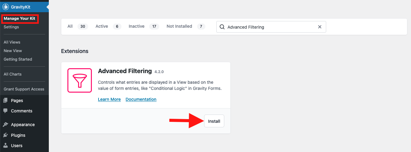 GravityKit interface with option to install Advanced Filtering extension