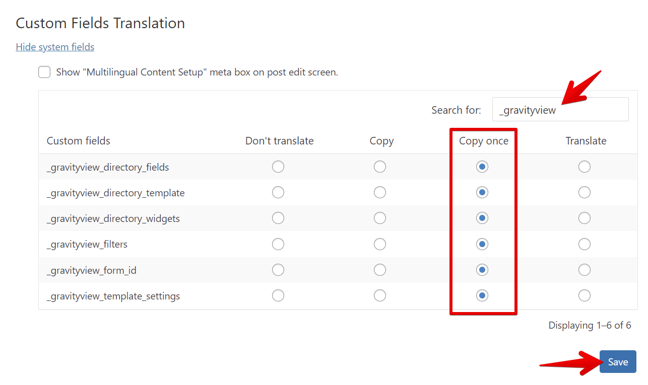 WPML Custom Fields Translation interface with "Copy once" selected and Save button highlighted