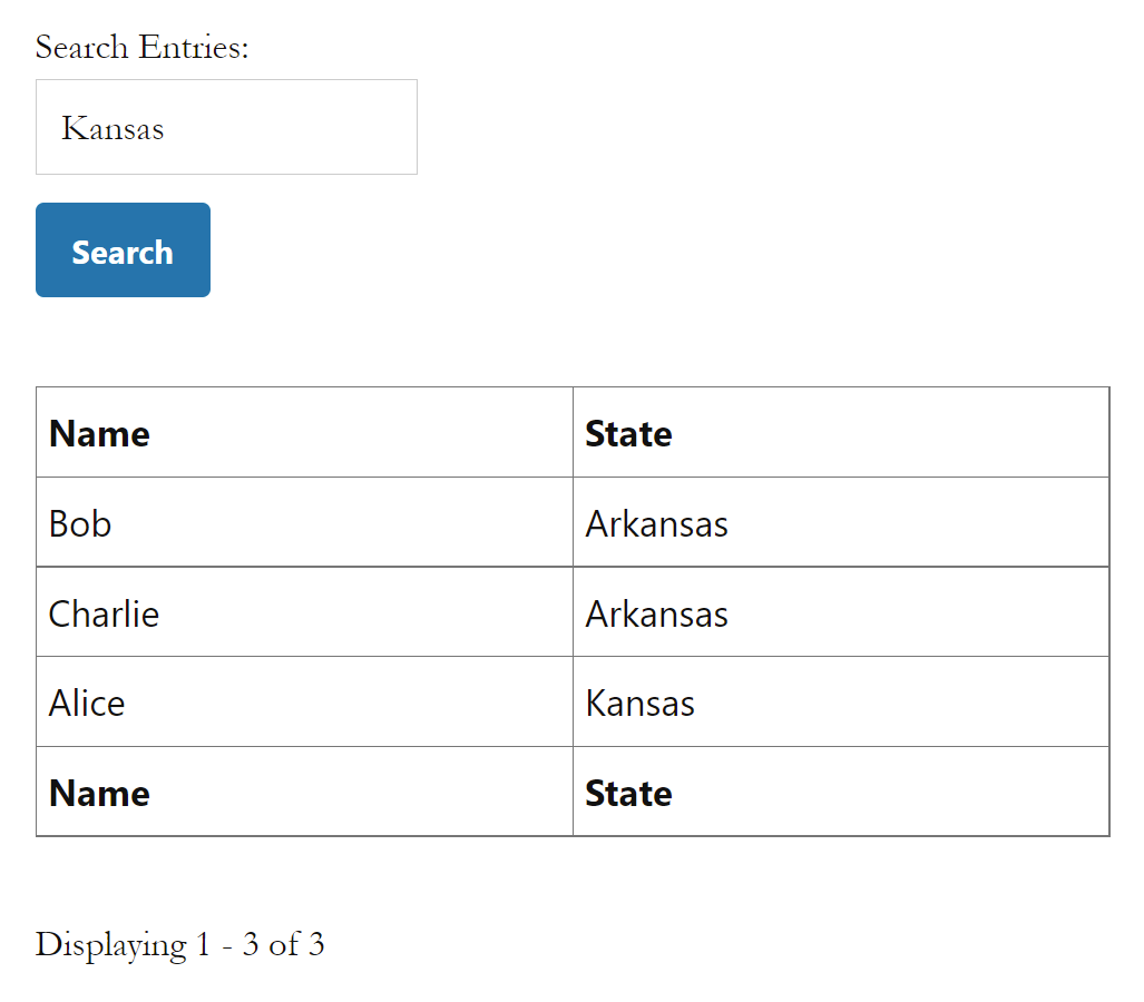 Search results for "Kansas" show three entries: Bob (Arkansas), Charlie (Arkansas), Alice (Kansas)