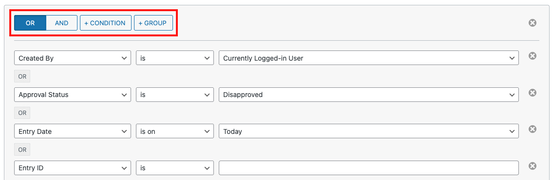 Advanced filtering interface with conditions for user, status, date, and ID using OR logic