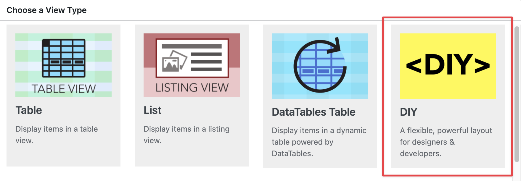 Options for view type: Table, List, DataTables, and DIY layout for flexible design