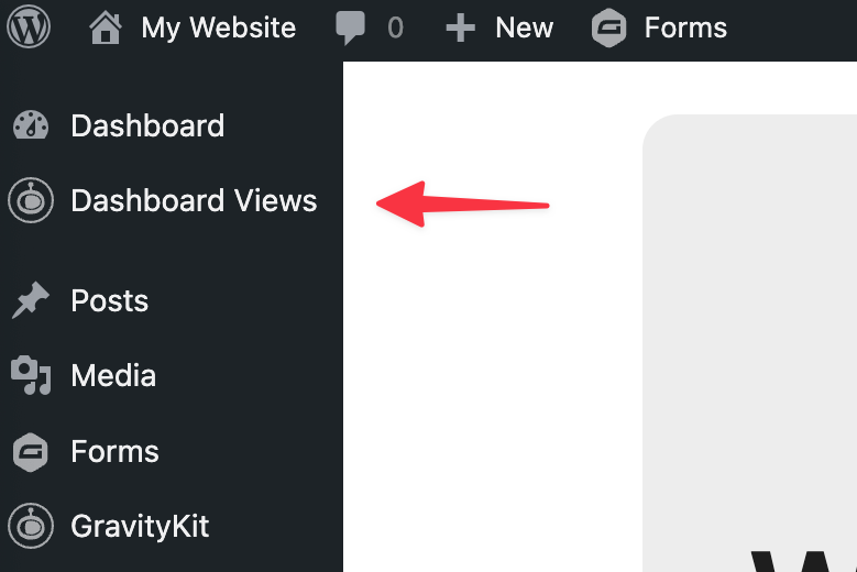 Sidebar menu with "Dashboard Views" highlighted for navigation