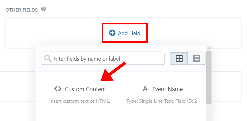 Add a custom content field by selecting "Add Field."