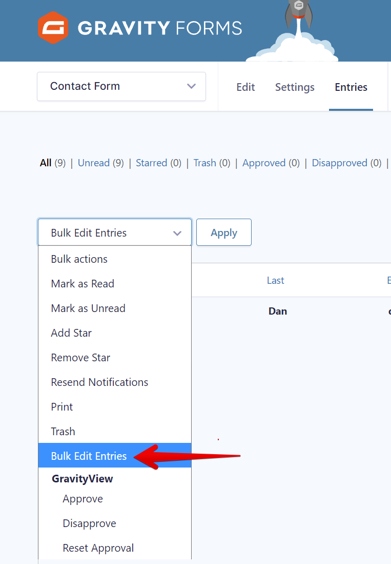 Dropdown menu showing bulk actions in Gravity Forms, highlighting "Bulk Edit Entries" option
