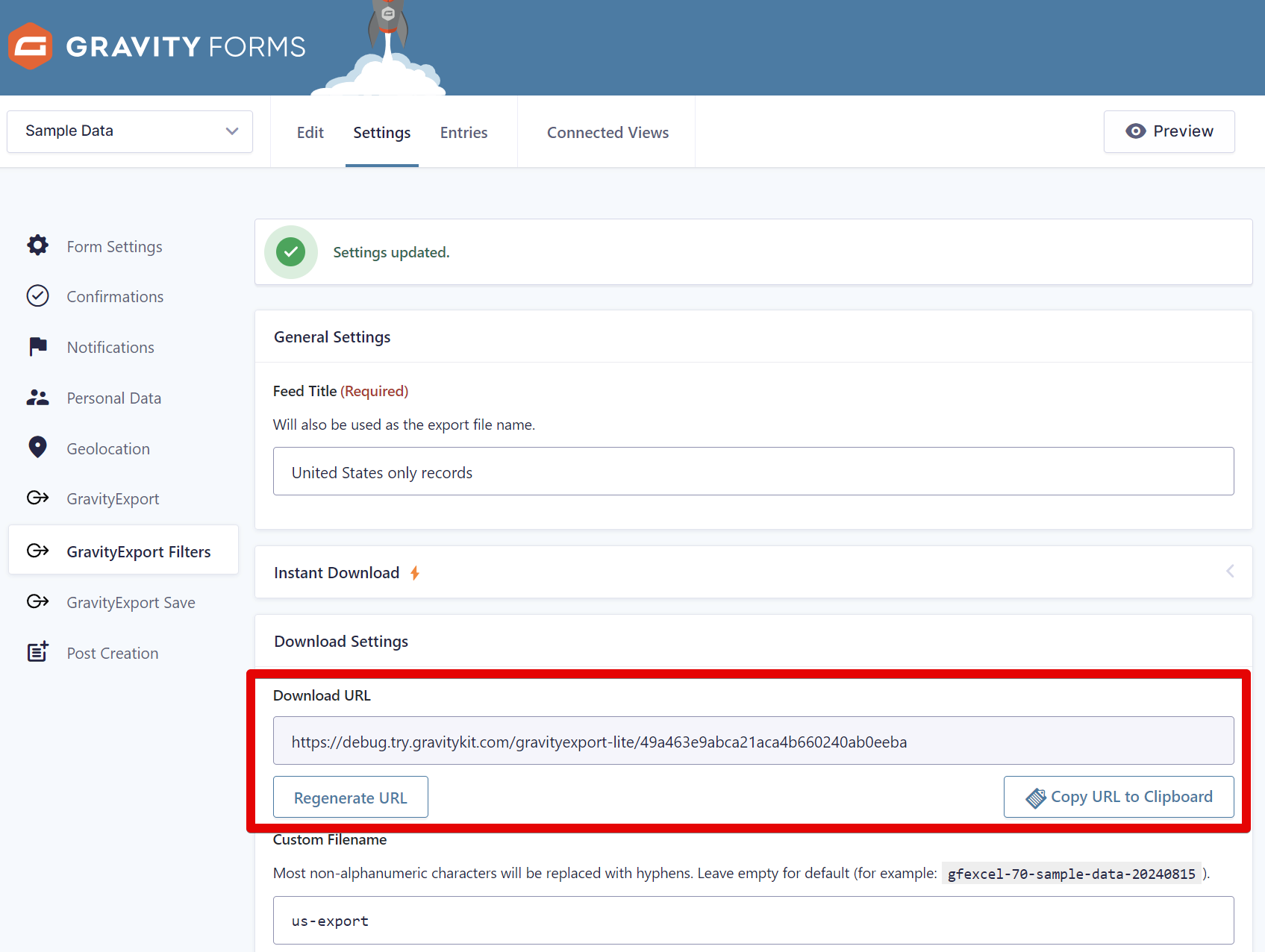 Download URL section with buttons to regenerate URL and copy to clipboard in GravityExport Filters