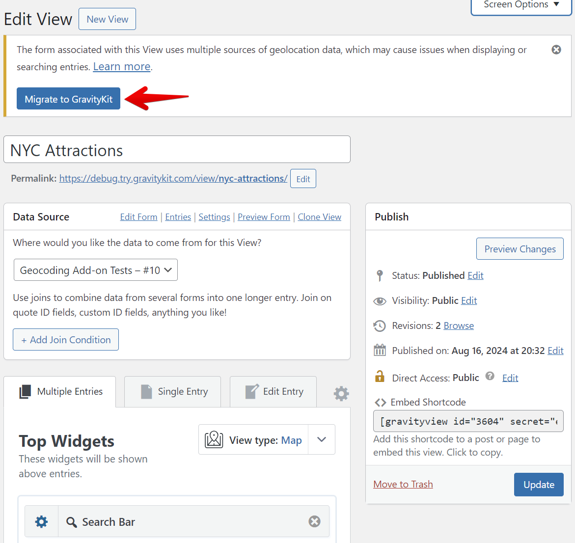 GravityView interface showing options for geocoding data sources and embedding shortcodes