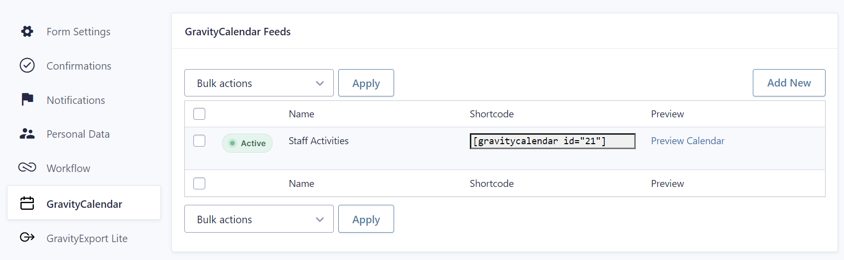 GravityCalendar interface displaying active feed with shortcode