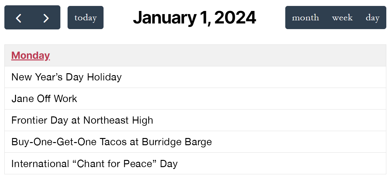 Calendar list for January 1, 2024, showing events including New Year’s Day and "Chant for Peace" Day