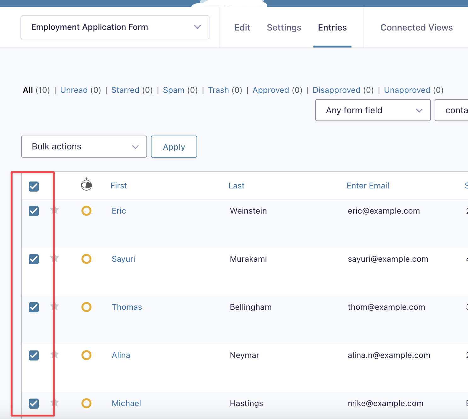 Bulk email feature with checkboxes selected in GravityActions entries list