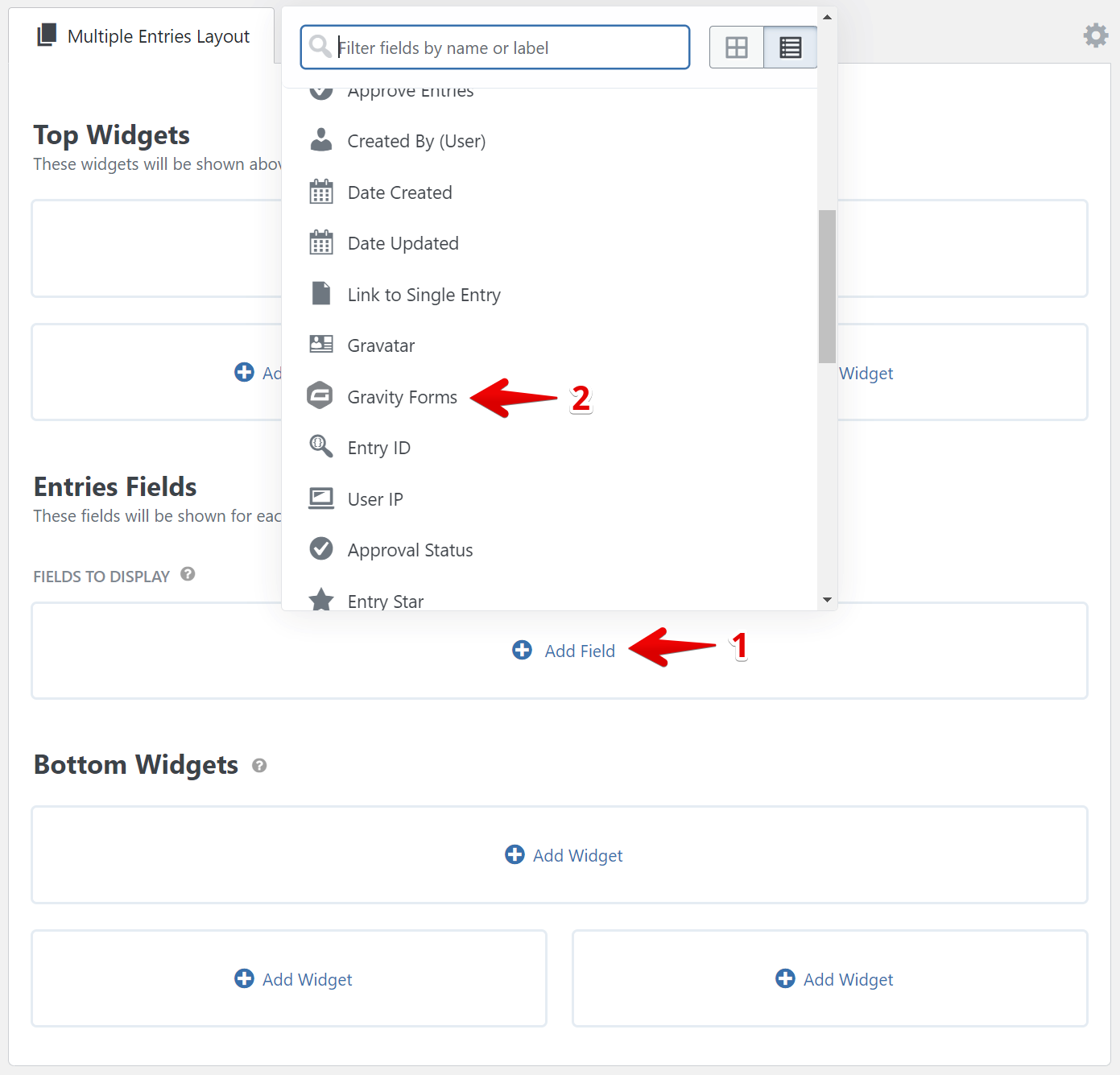Dropdown selection of Gravity Forms after clicking Add Field in a widget configuration interface