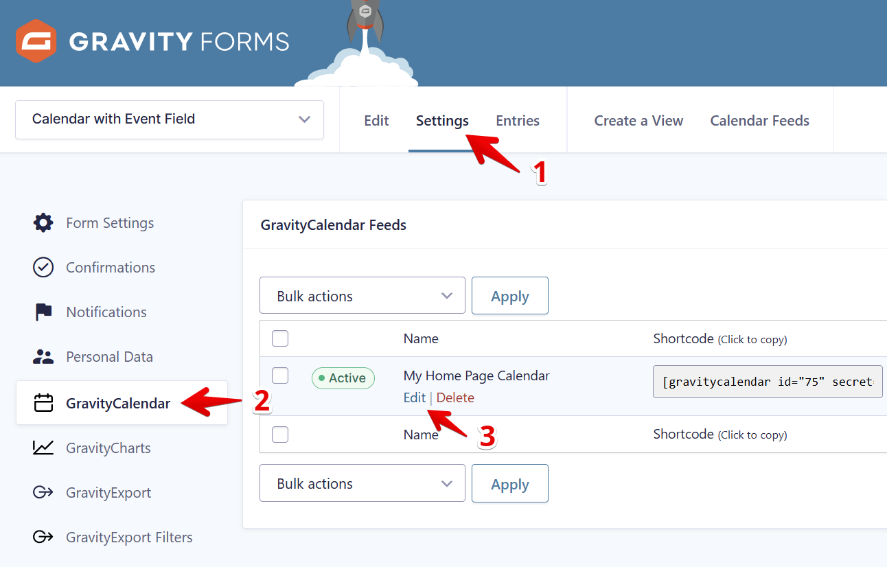 Access GravityCalendar settings to manage calendar feeds and edit or delete items
