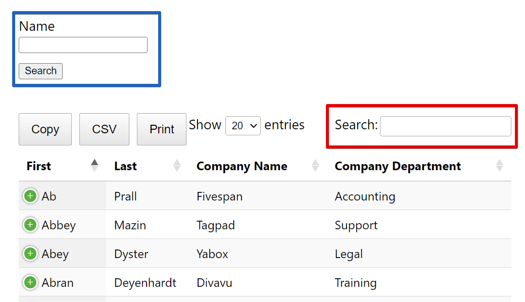 The DataTables search box is outlined in red; the GravityView Search Bar widget is outlined in blue