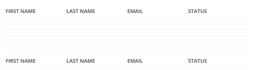 Table headers: First Name, Last Name, Email, Status. Rows are empty; entries not visible
