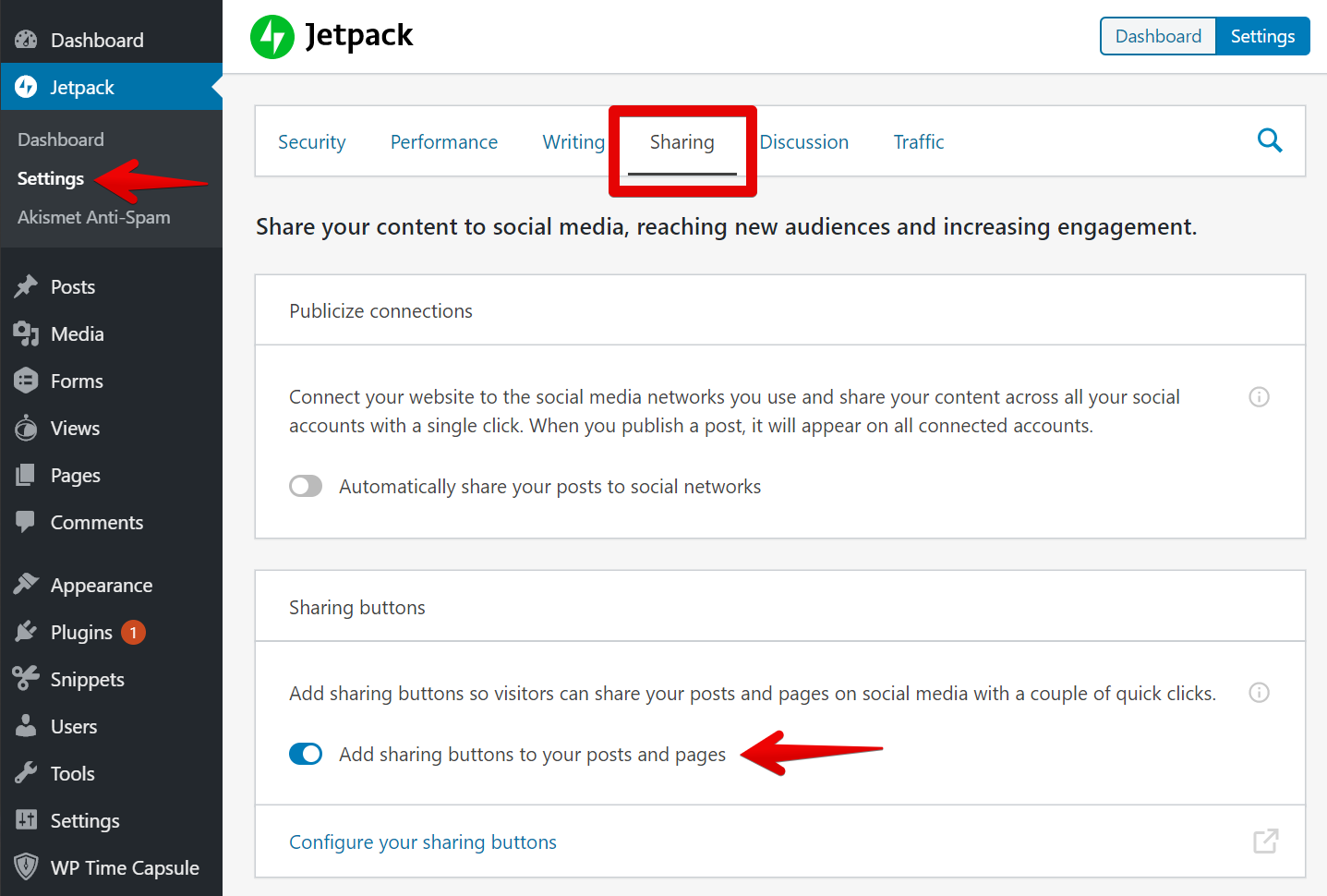 Jetpack Settings panel highlighting Sharing tab for adding social media sharing buttons