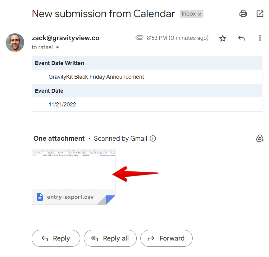 Email shows calendar submission with CSV attachment for GravityKit event