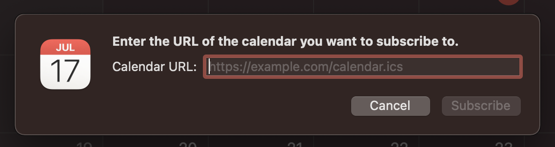 Enter a calendar URL to subscribe with options to cancel or subscribe