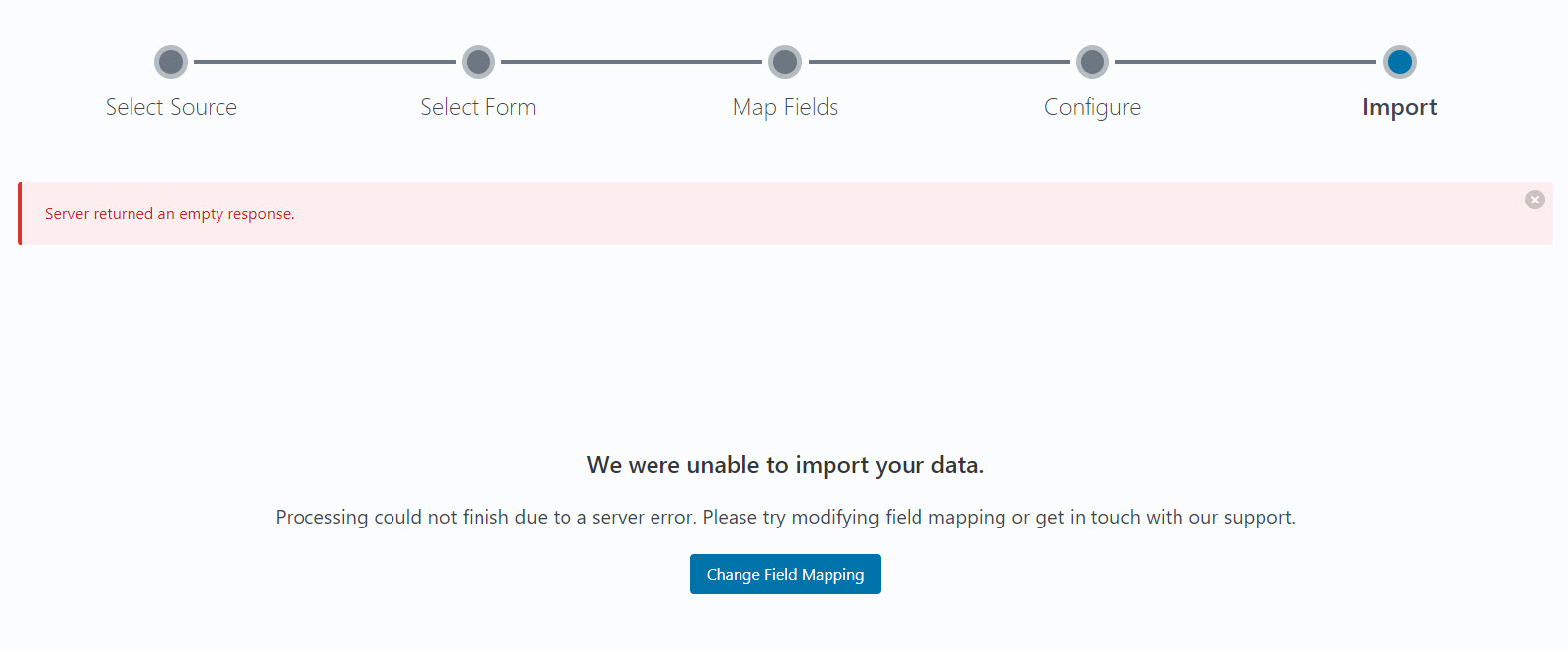 Screenshot showing the import error