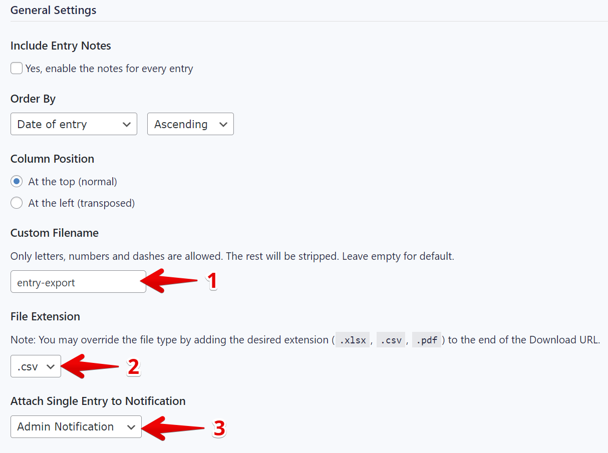 Custom filename, file type as CSV, and attach entry to Admin Notification