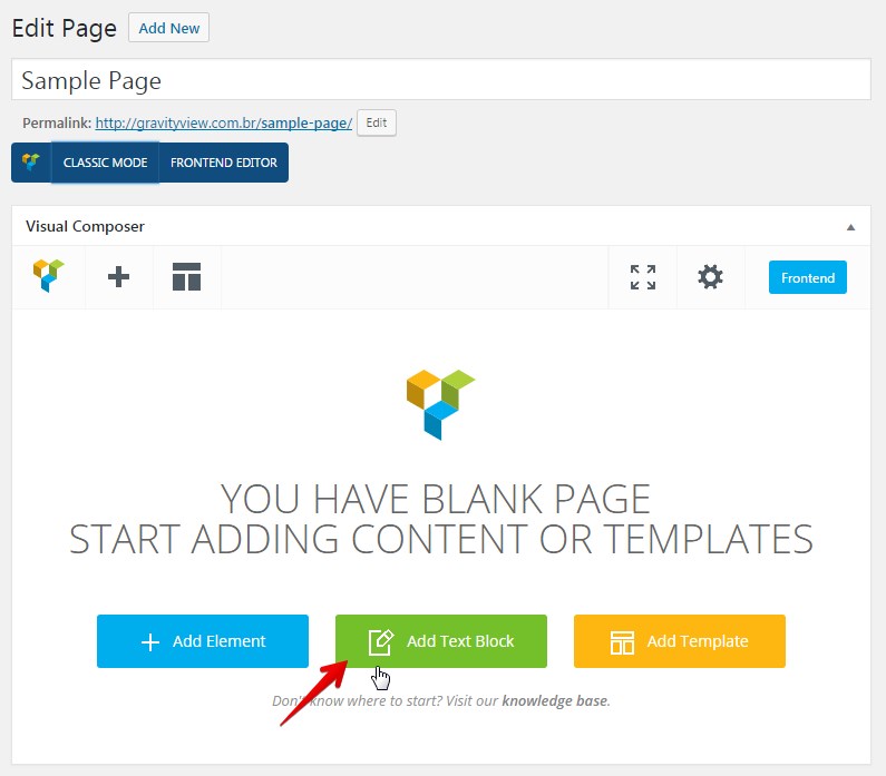 Visual Composer interface with "Add Text Block" button highlighted for adding content