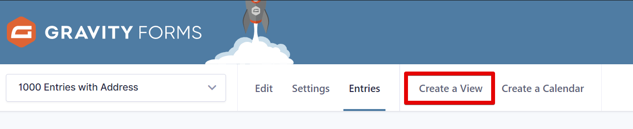 Gravity Forms menu highlighting the "Create a View" option for entry management