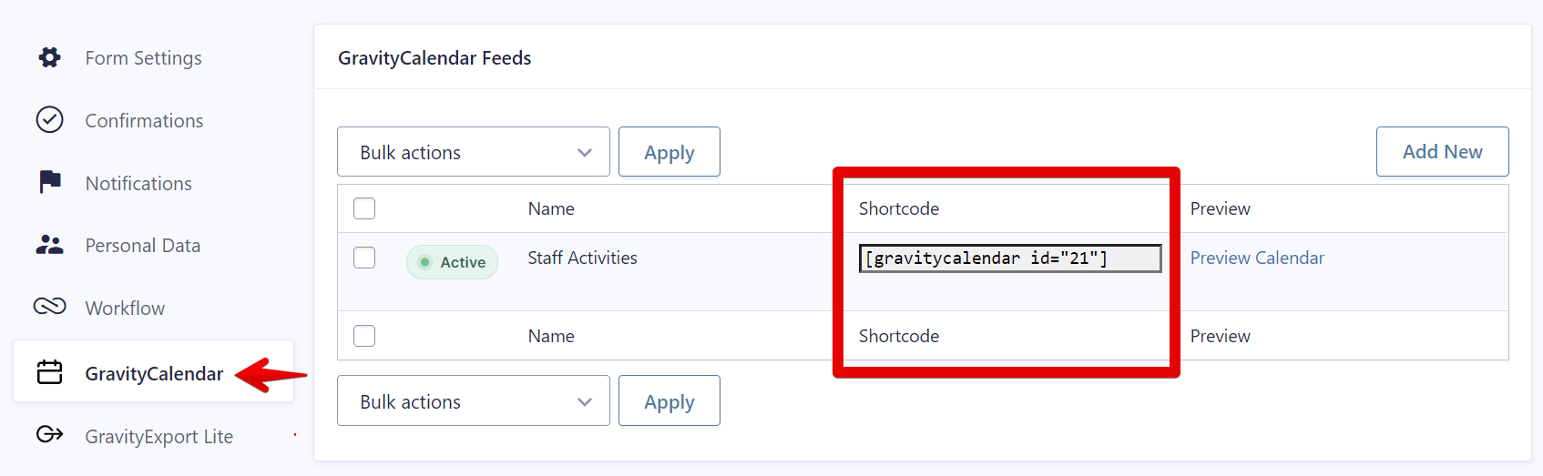 GravityCalendar interface showing shortcode for Staff Activities: