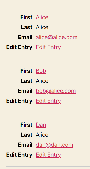 Contact list with names Alice, Bob, and Dan, showing first name, last name, email, and edit entry links
