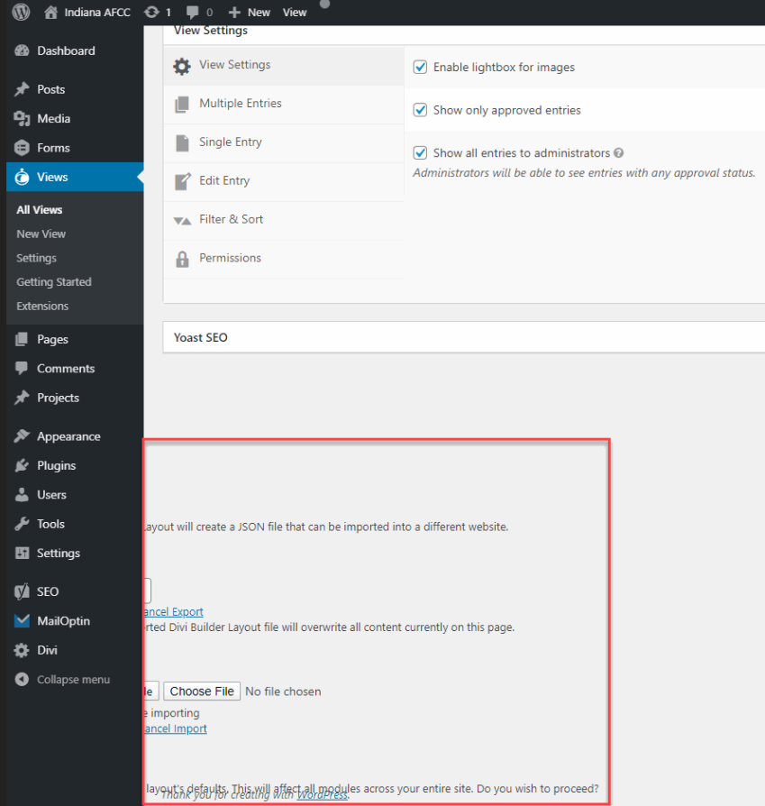 View editor interface showing View Settings and import options with warnings