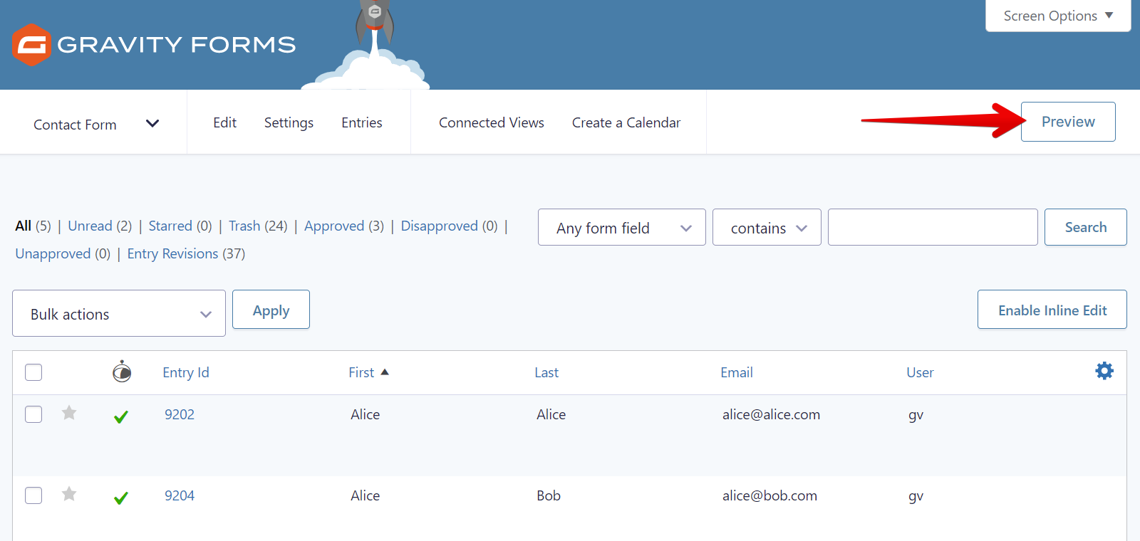Gravity Forms entries page showing options to filter and preview submitted data