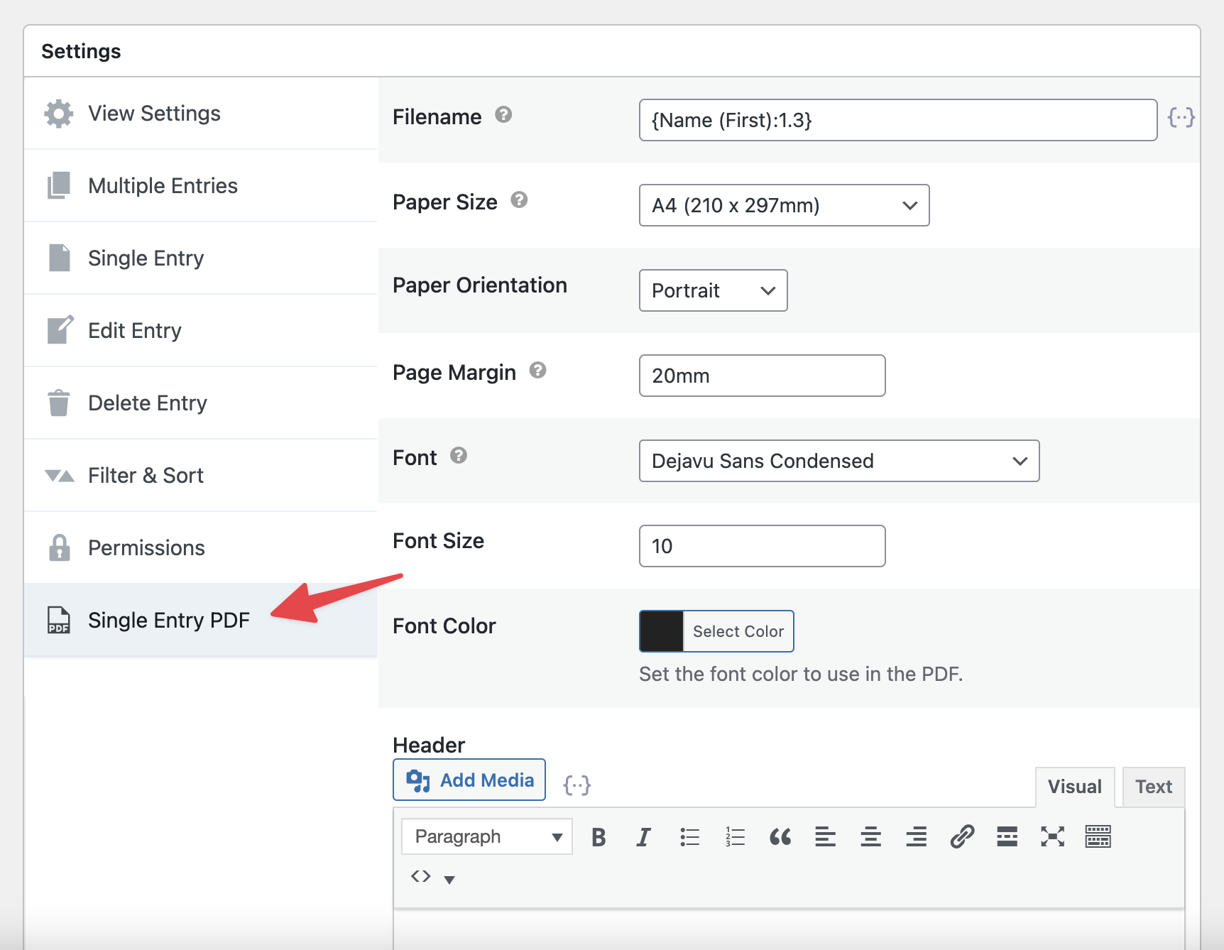 Single Entry PDF settings menu with options for PDF filename, paper size, font, and color