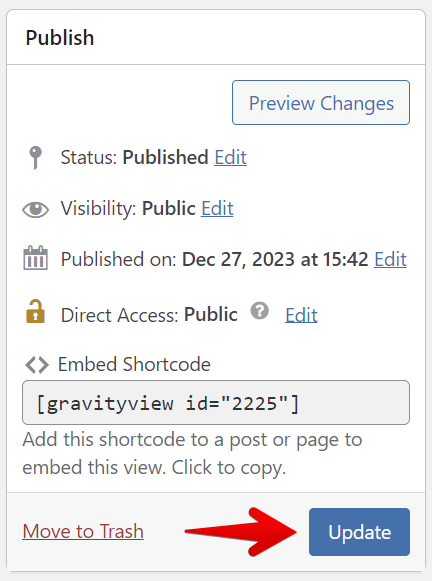 Publish settings panel with options to edit status, visibility, date, and shortcode, featuring a blue Update button