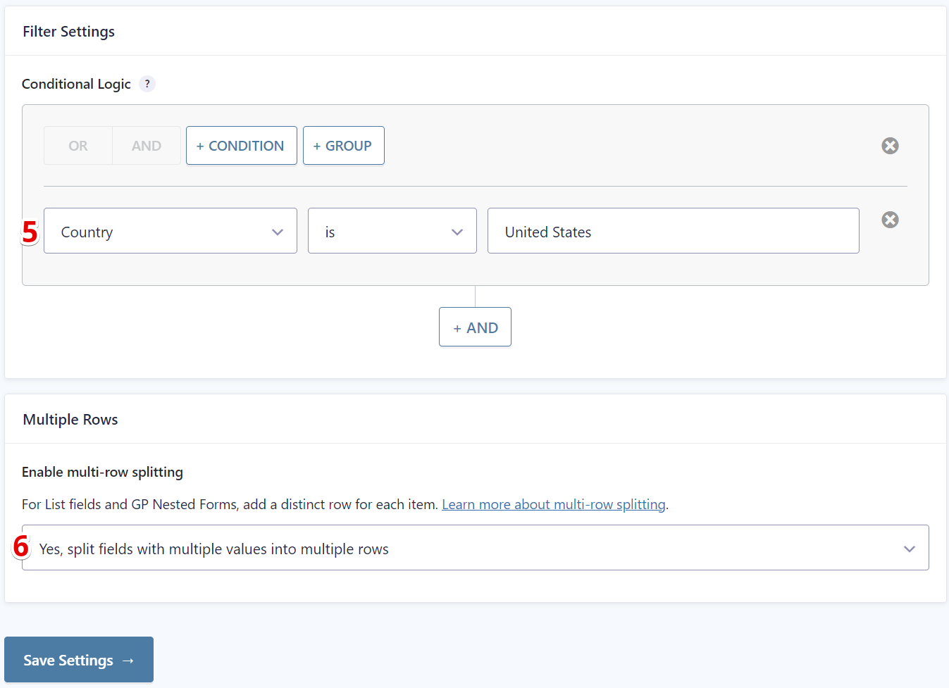 Filter settings with conditional logic for