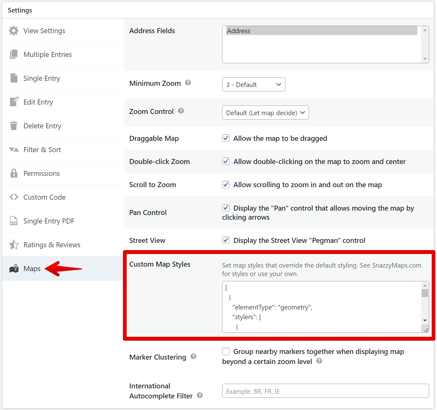 Settings panel showing custom map style configuration options for overriding default map styling
