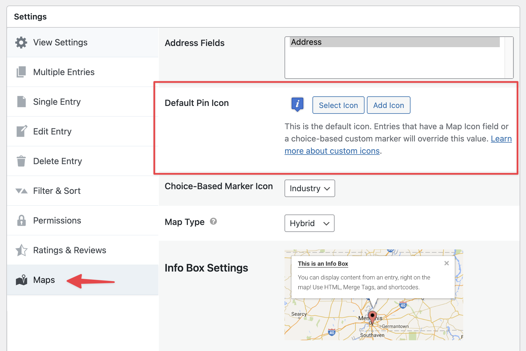 Settings panel with options for customizing default pin and choice-based marker icons on maps