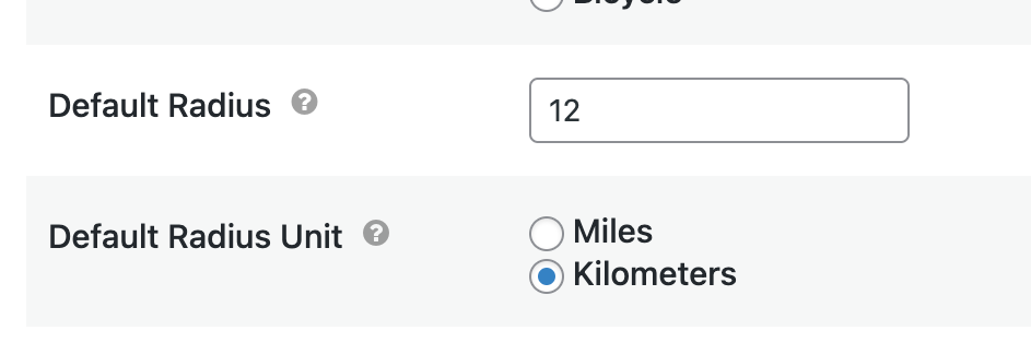 Default radius set to 12 with kilometers as the selected unit option