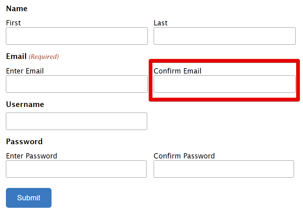 Form with fields for name, email, username, password. "Confirm Email" field highlighted