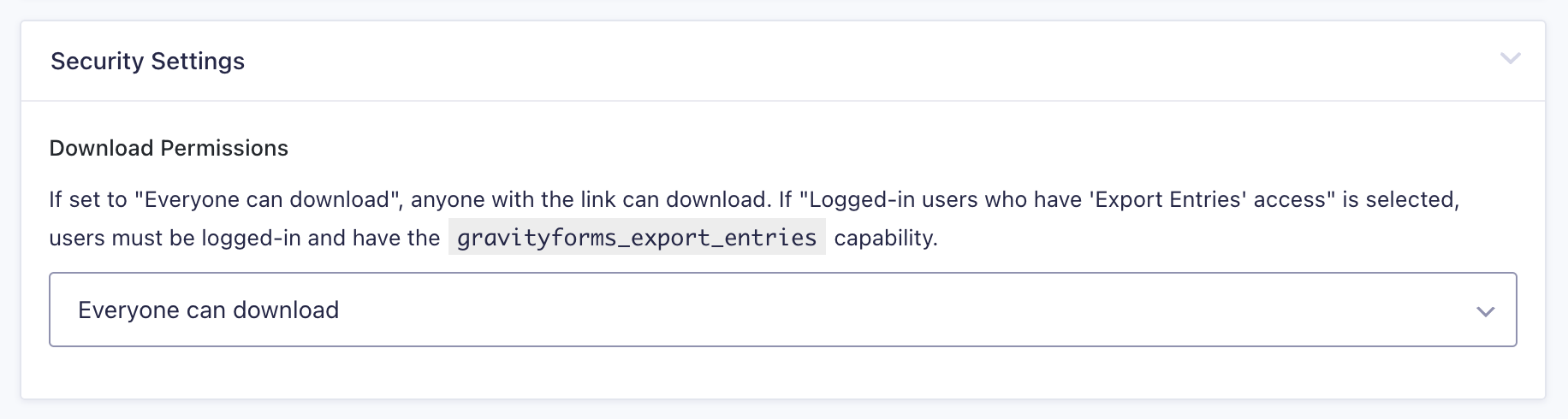 Security settings for download permissions in GravityExport Lite, option "Everyone can download" selected