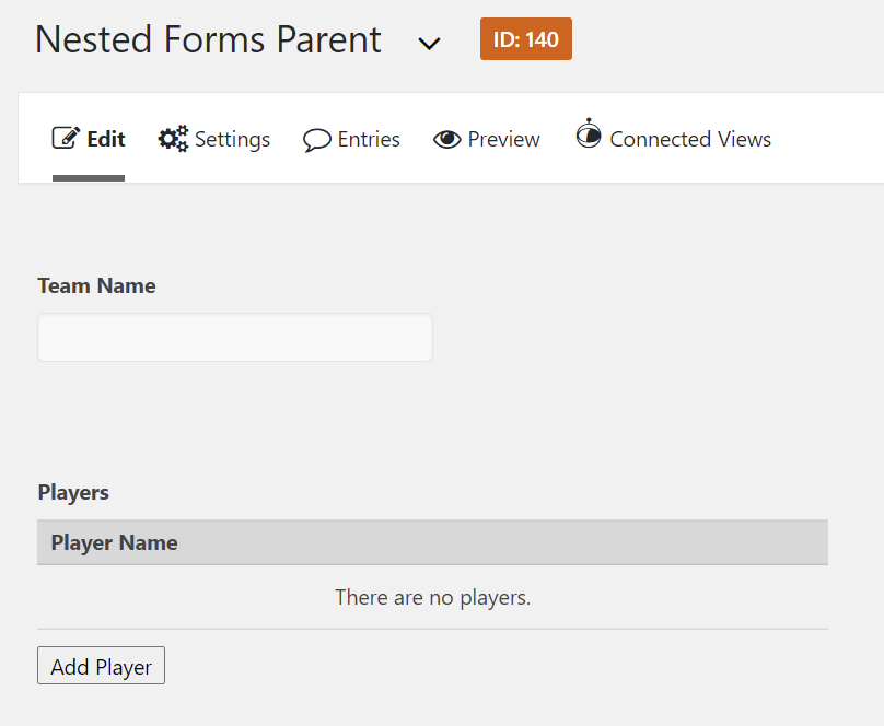 Nested Forms interface showing sections for team name and player names with add player button