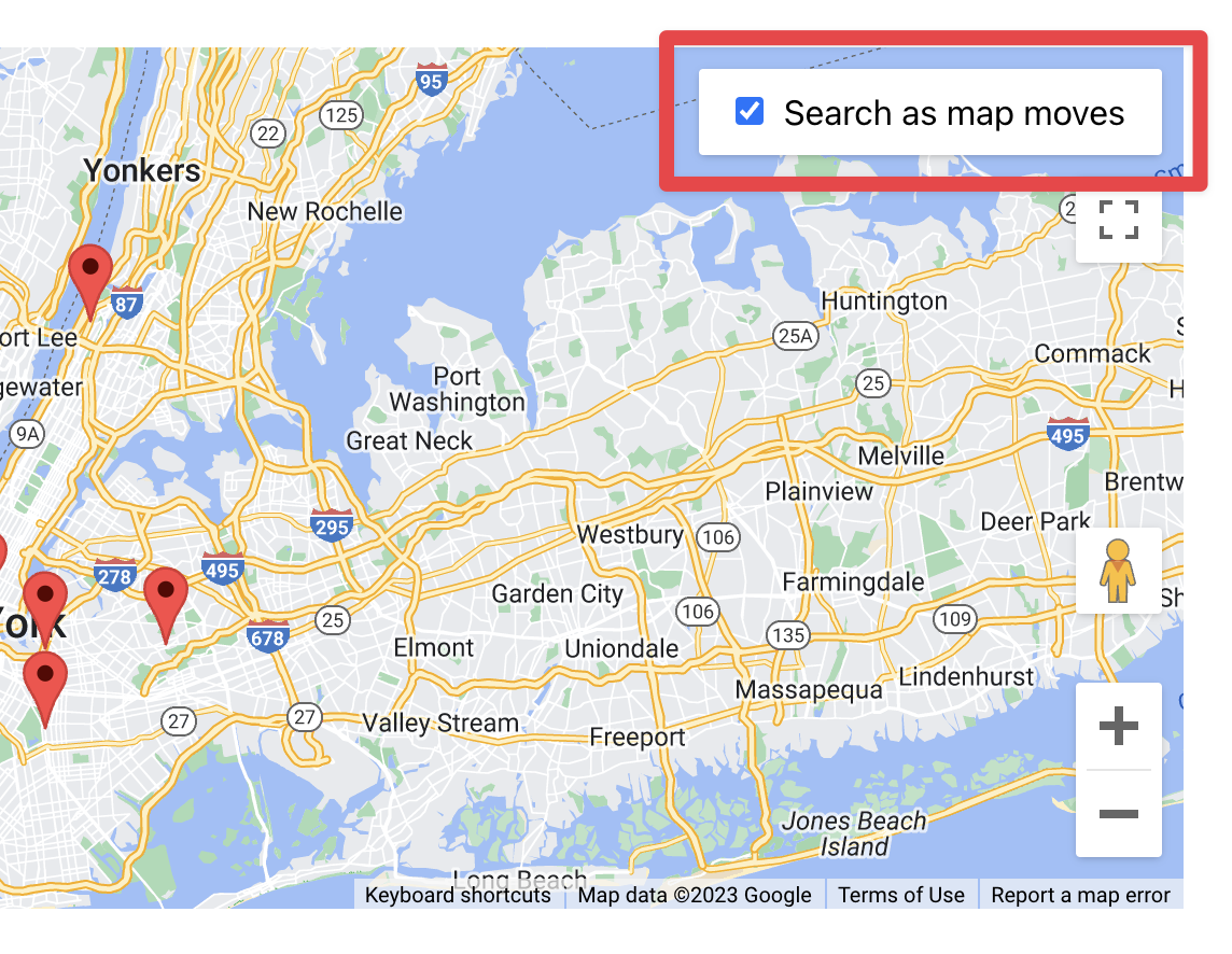 Checkbox option "Search as map moves" is selected on a digital map interface