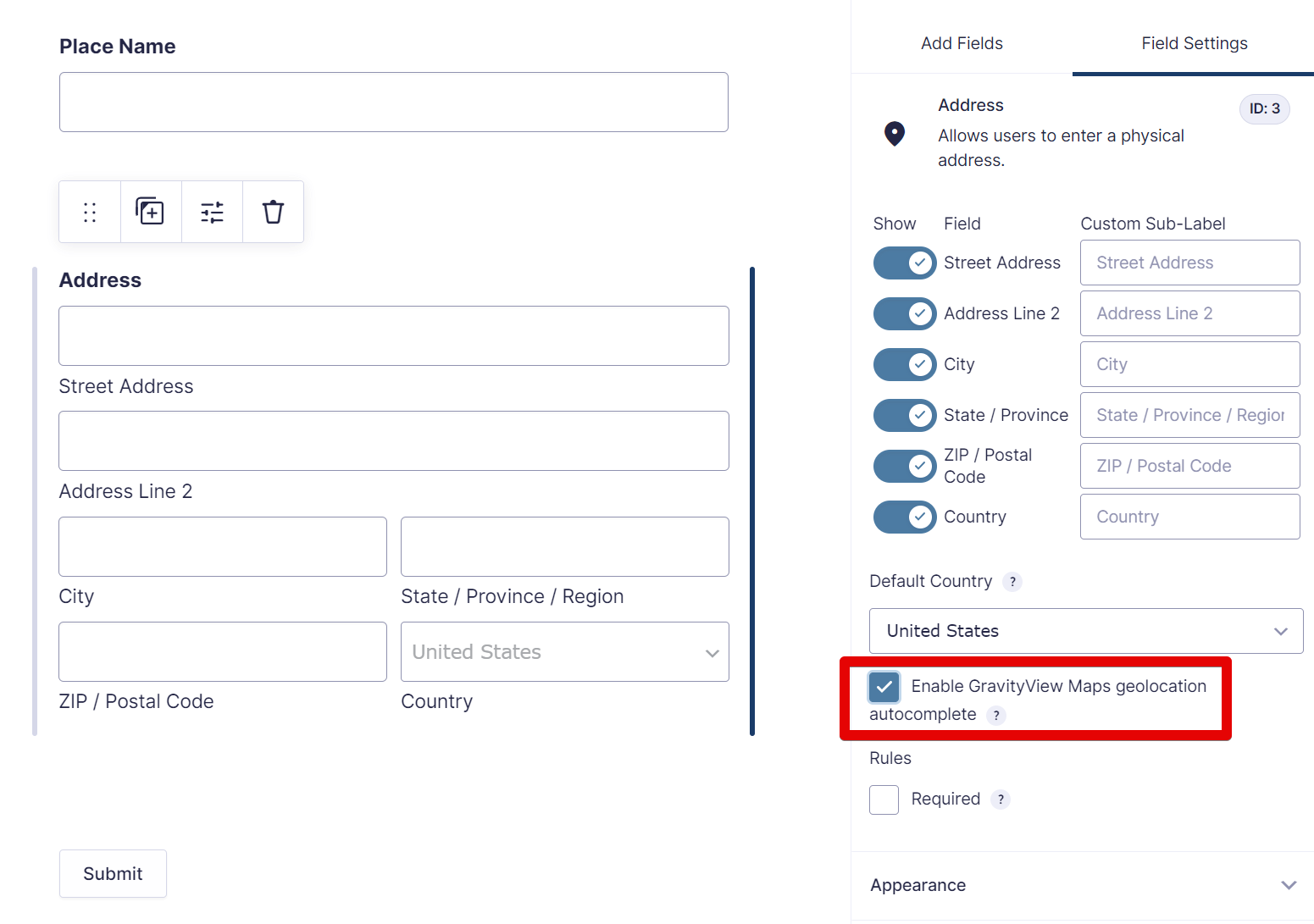 Enable GravityView Maps geolocation autocomplete in address field settings