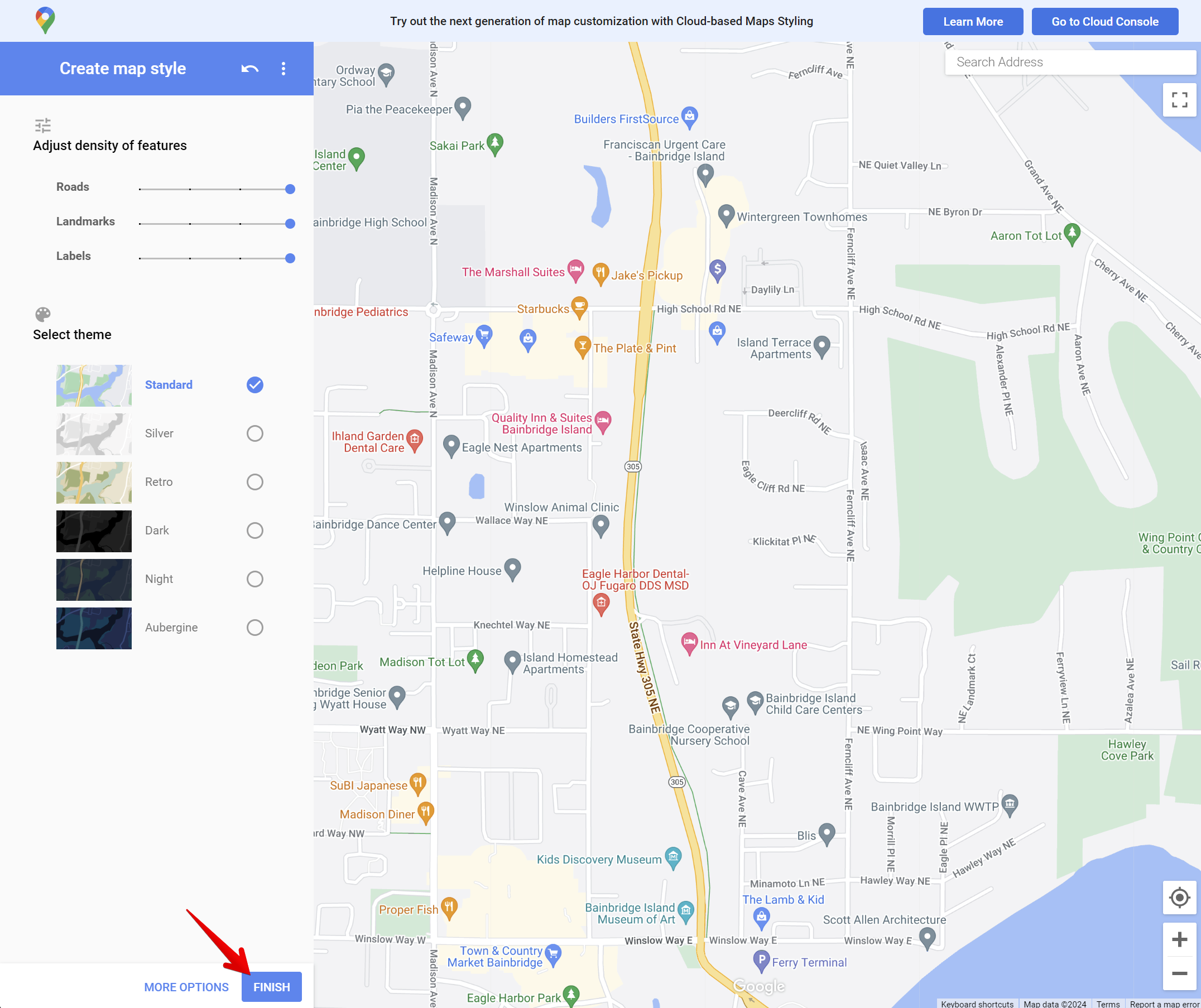 Map customization interface with density adjustments for roads, landmarks, labels; includes theme options and a finish…