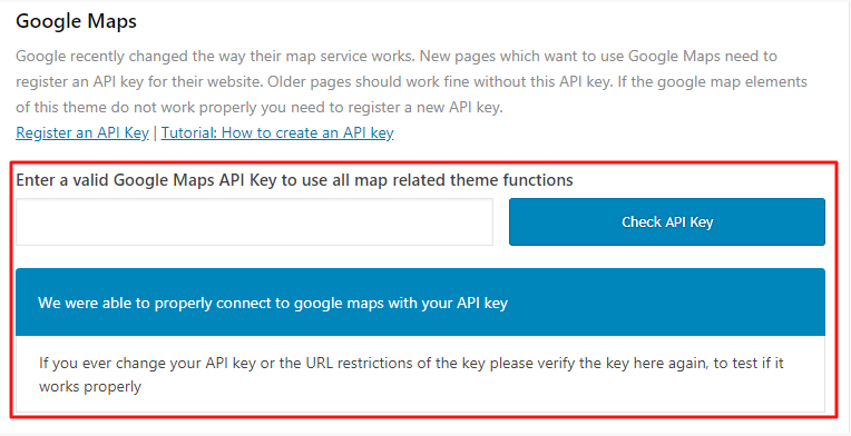 Enter a Google Maps API key to enable map functions; verification confirms successful connection