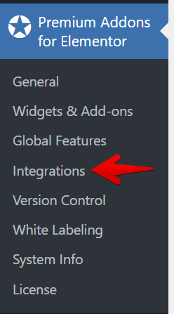 Menu highlighting "Integrations" in Premium Addons for Elementor settings