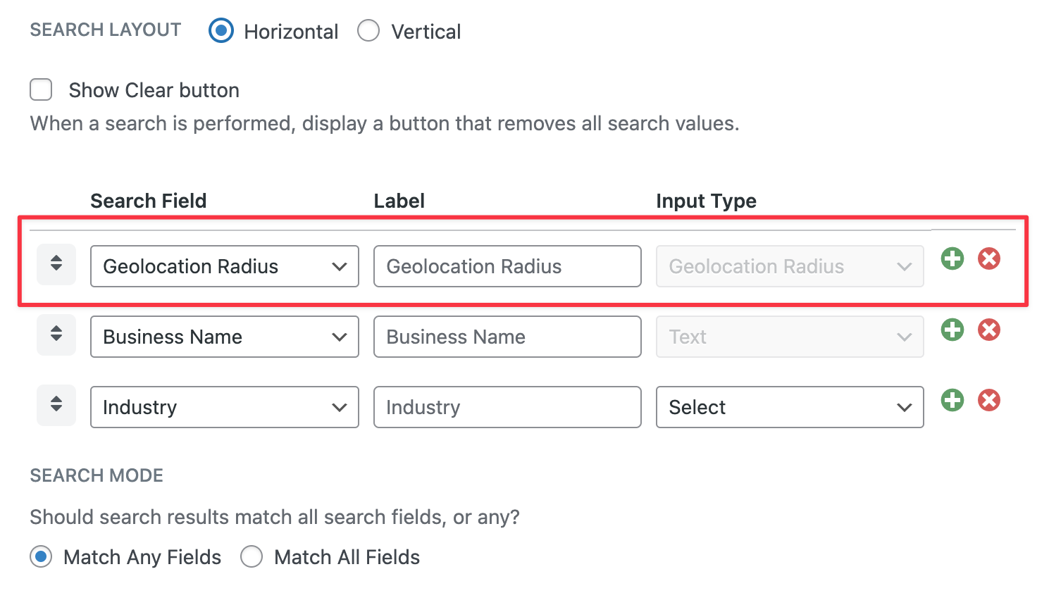 Geolocation radius search field setup with options to add or remove criteria in search layout settings