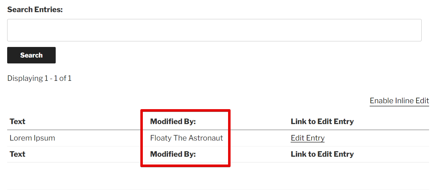 Entry modification log showing "Modified By: Floaty The Astronaut" with edit link