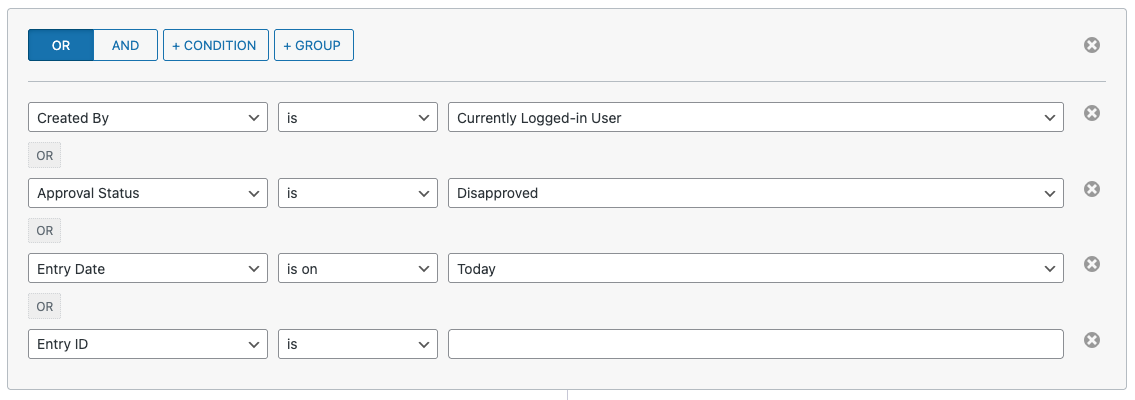 Advanced filtering interface with conditions for user, approval, date, and entry ID