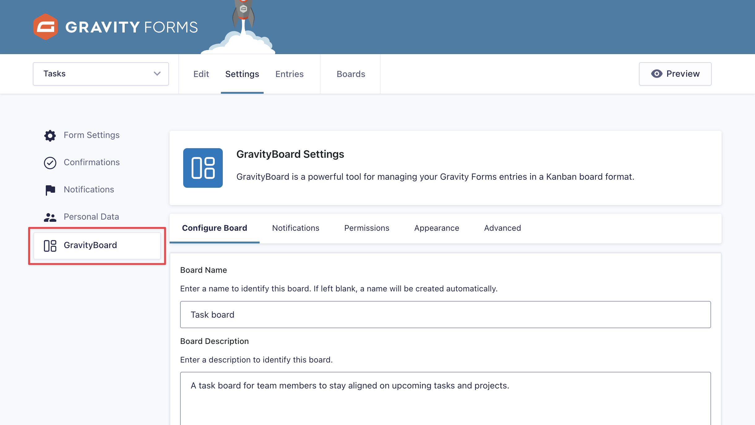 The GravityBoard feed configuration screen