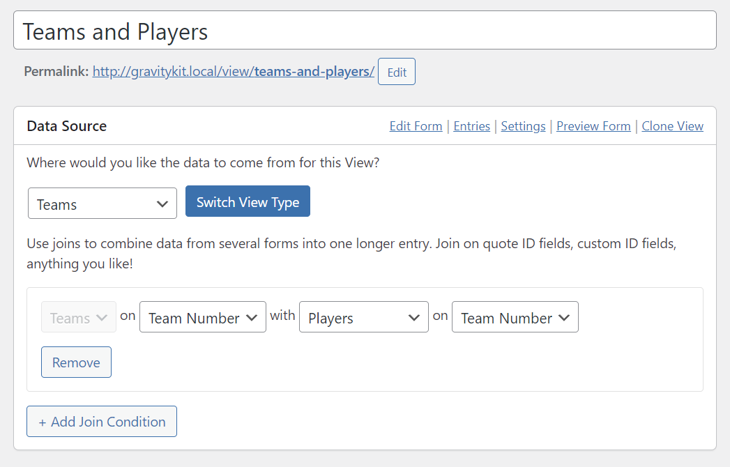 Data source settings interface showing "Teams" and "Players" linked by "Team Number"